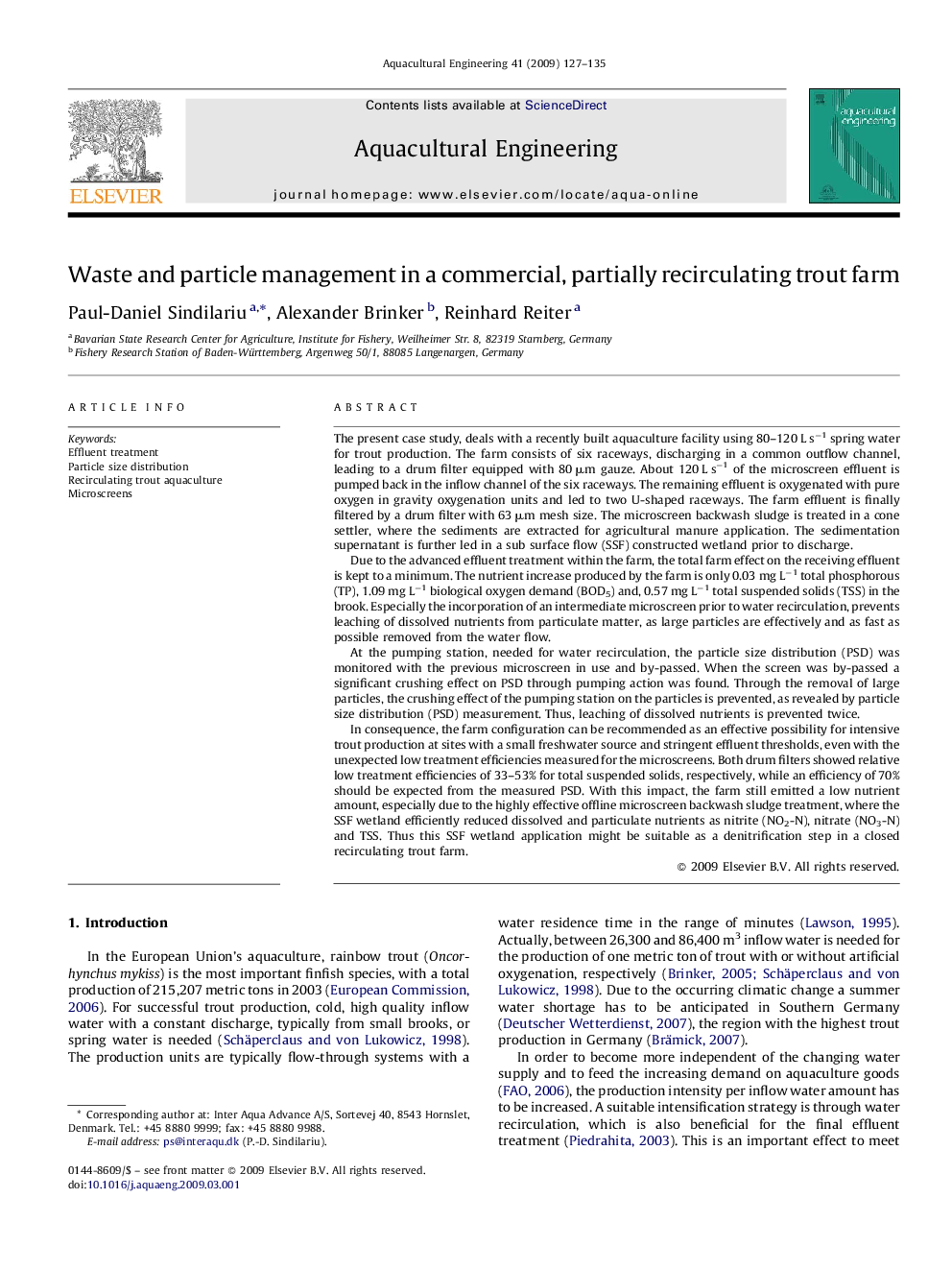 Waste and particle management in a commercial, partially recirculating trout farm