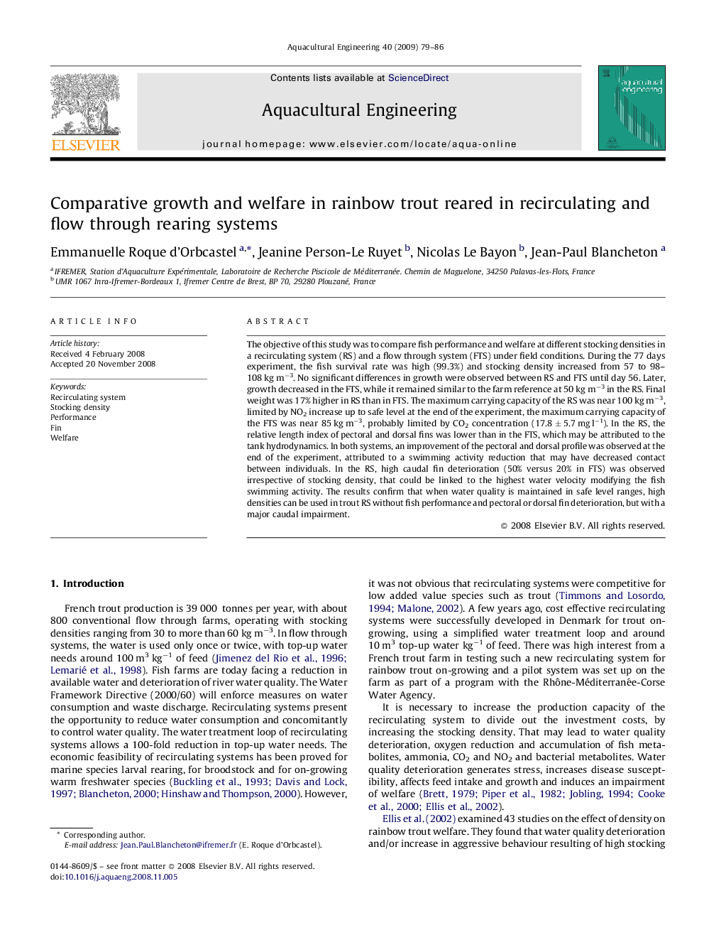 Comparative growth and welfare in rainbow trout reared in recirculating and flow through rearing systems