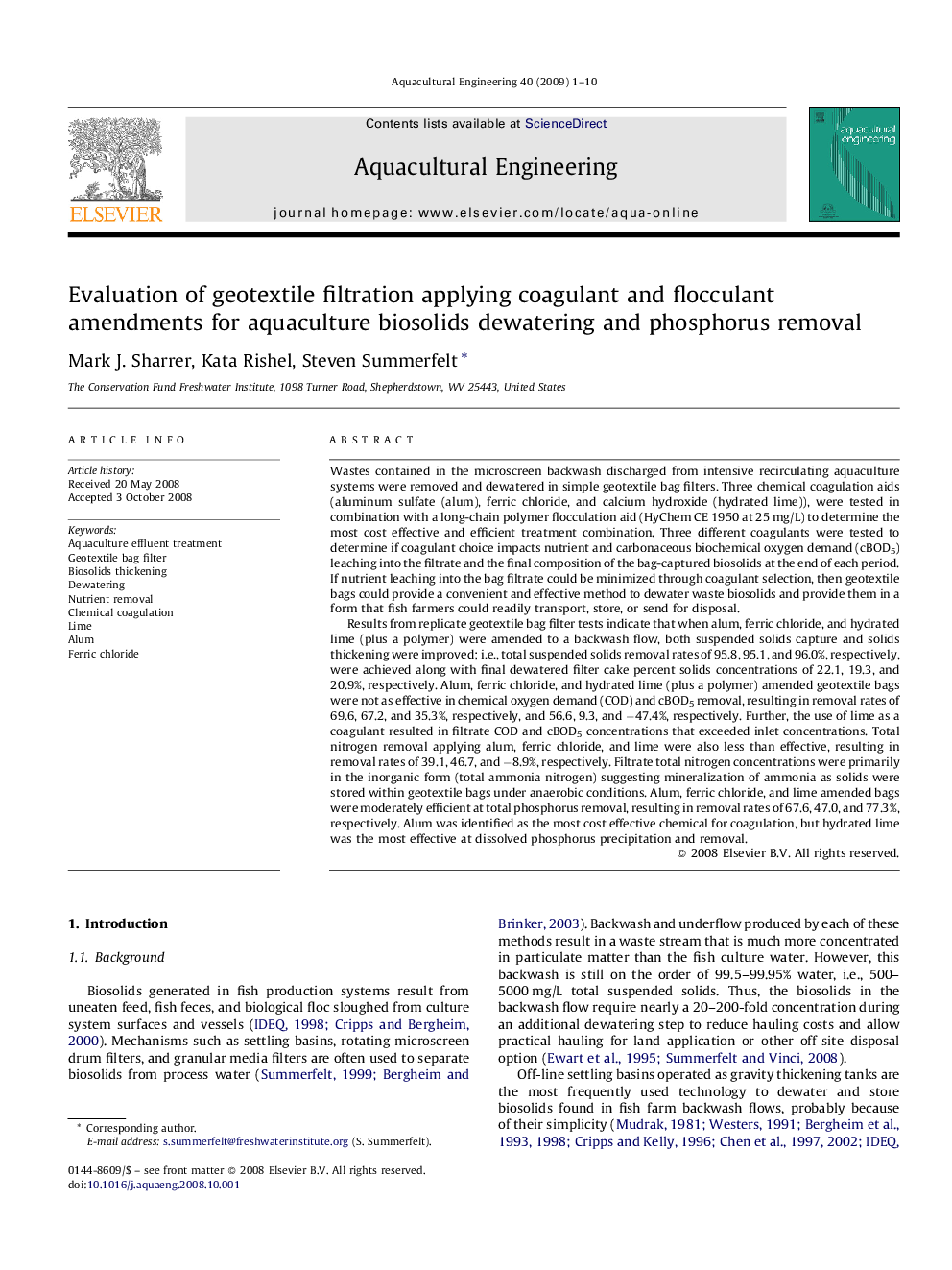 Evaluation of geotextile filtration applying coagulant and flocculant amendments for aquaculture biosolids dewatering and phosphorus removal