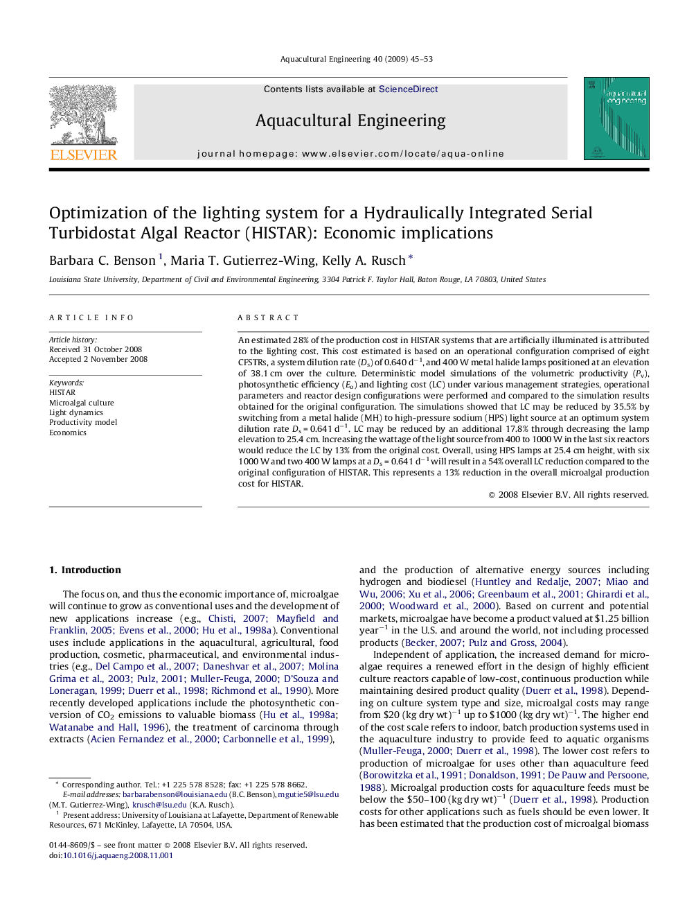 Optimization of the lighting system for a Hydraulically Integrated Serial Turbidostat Algal Reactor (HISTAR): Economic implications