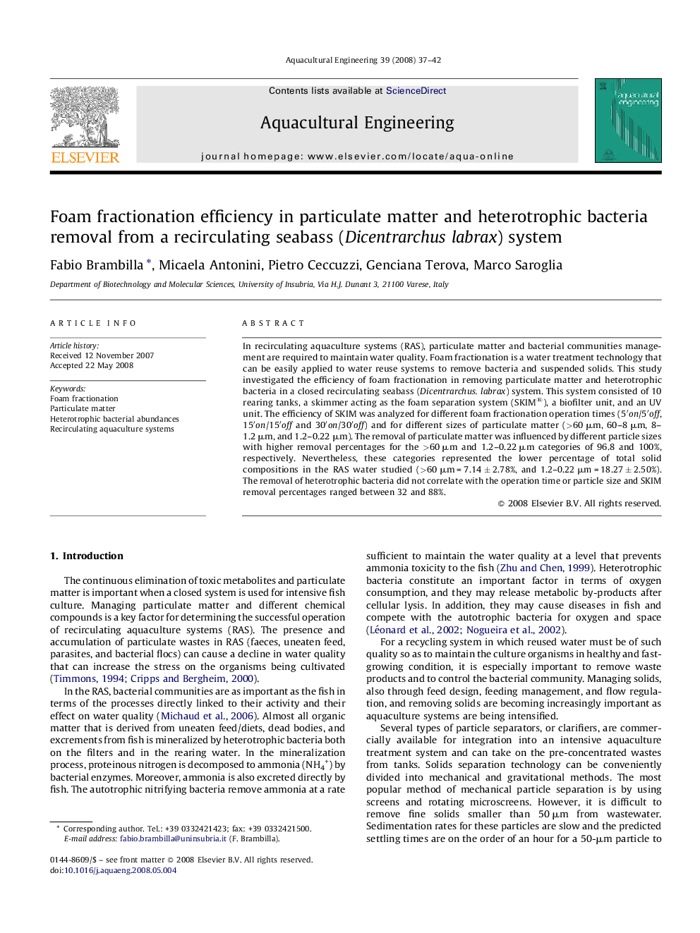 Foam fractionation efficiency in particulate matter and heterotrophic bacteria removal from a recirculating seabass (Dicentrarchus labrax) system