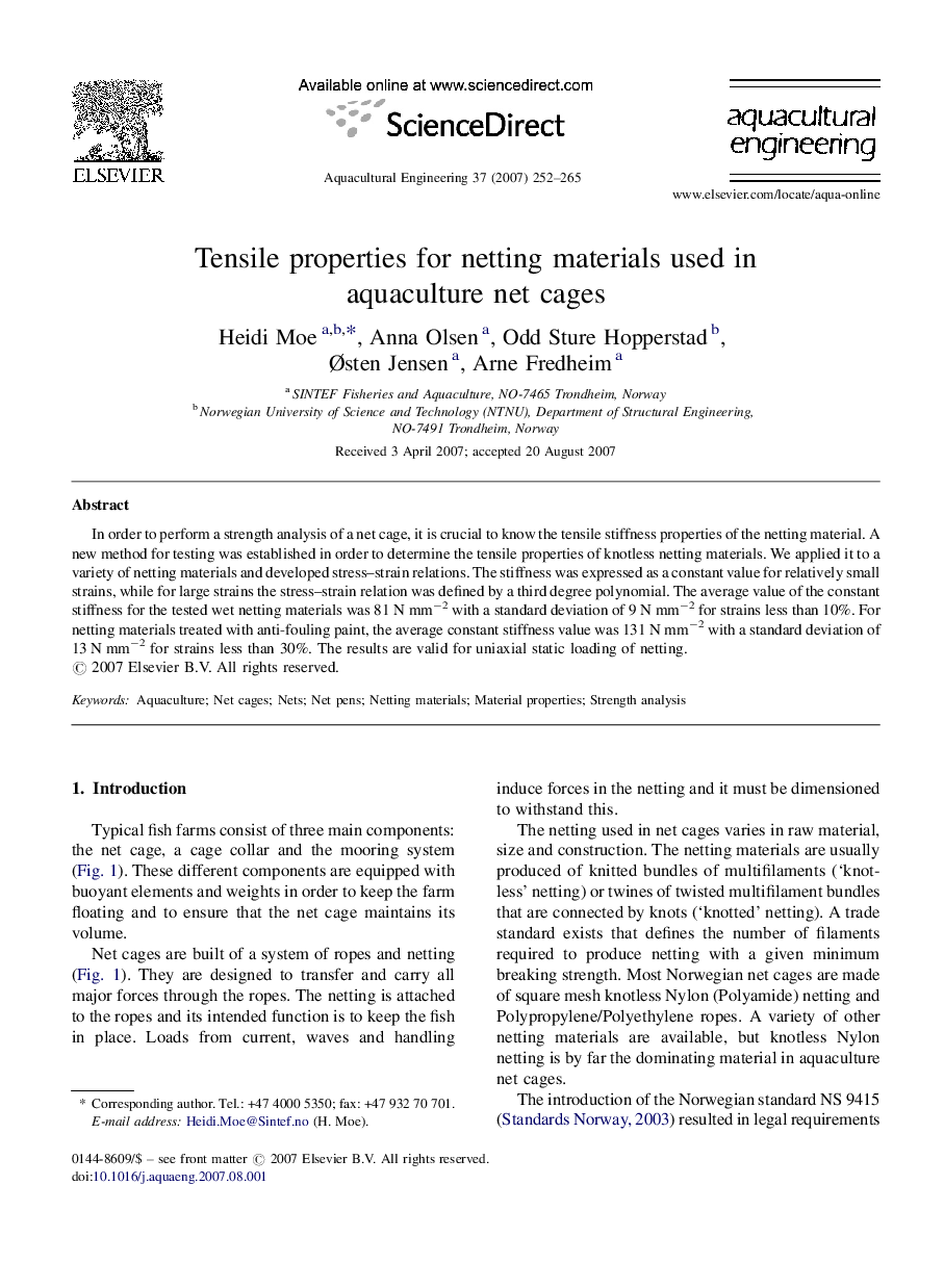 Tensile properties for netting materials used in aquaculture net cages