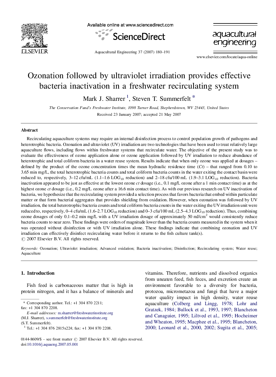 Ozonation followed by ultraviolet irradiation provides effective bacteria inactivation in a freshwater recirculating system