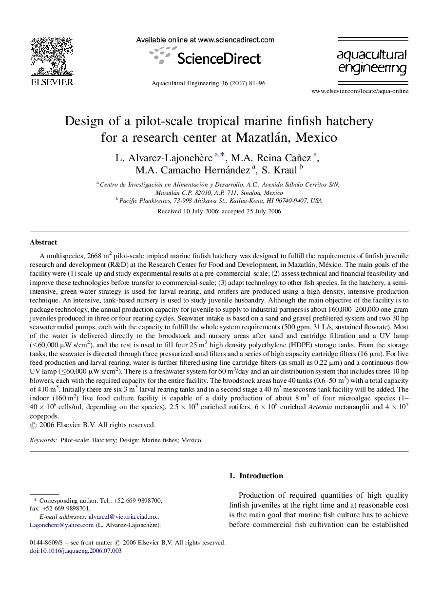 Design of a pilot-scale tropical marine finfish hatchery for a research center at Mazatlán, Mexico