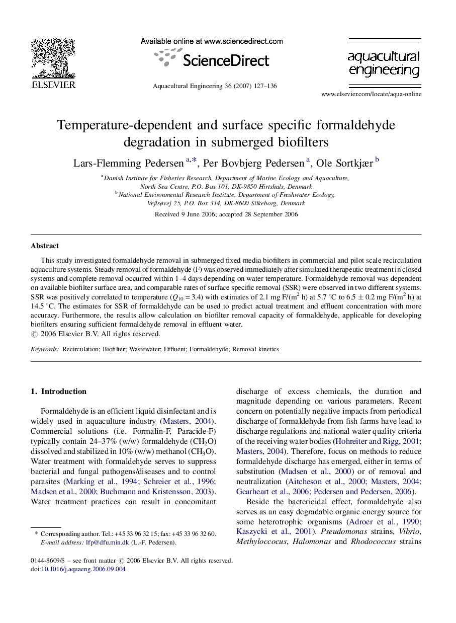 Temperature-dependent and surface specific formaldehyde degradation in submerged biofilters