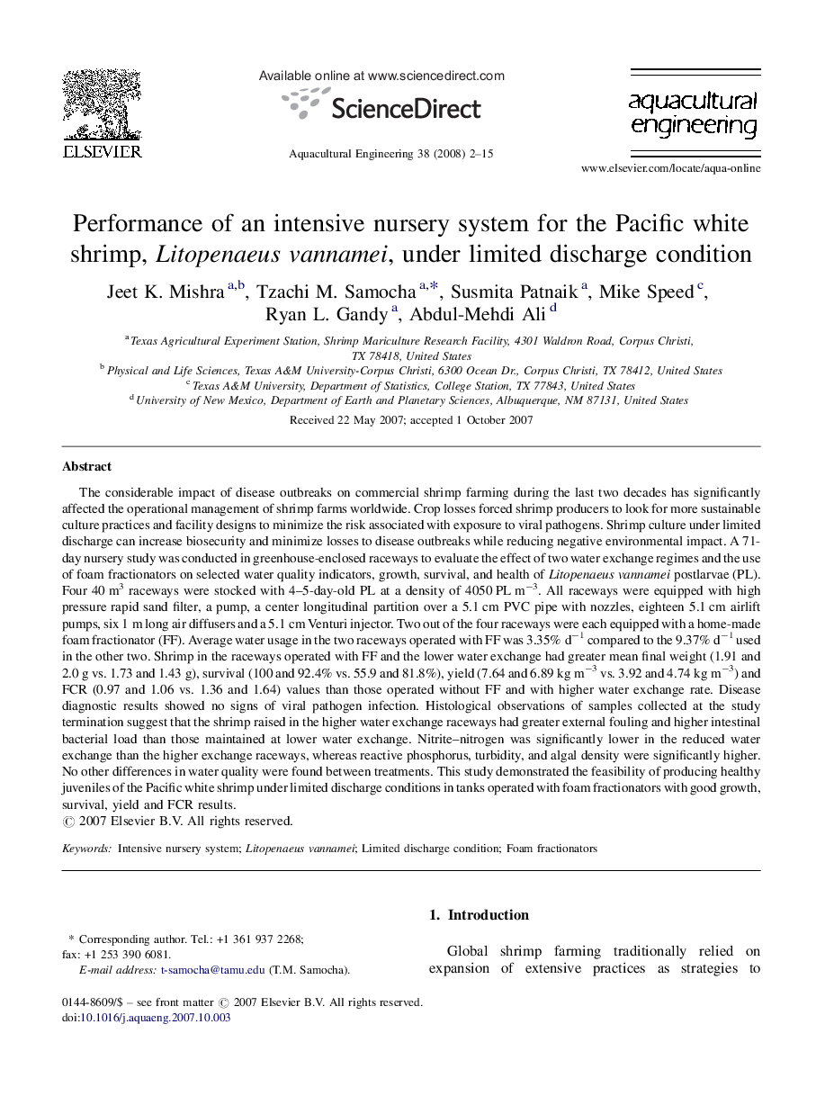 Performance of an intensive nursery system for the Pacific white shrimp, Litopenaeus vannamei, under limited discharge condition