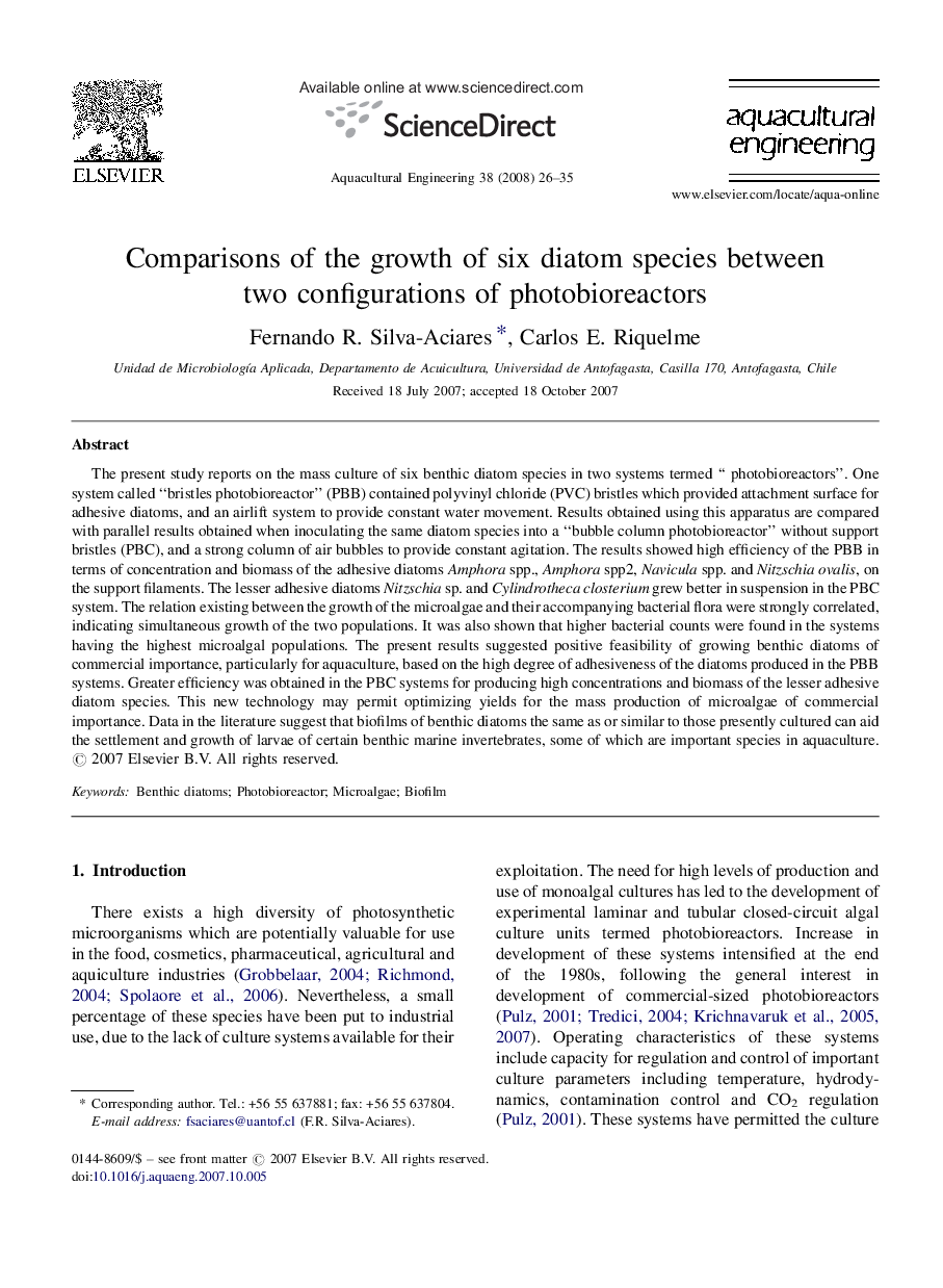 Comparisons of the growth of six diatom species between two configurations of photobioreactors