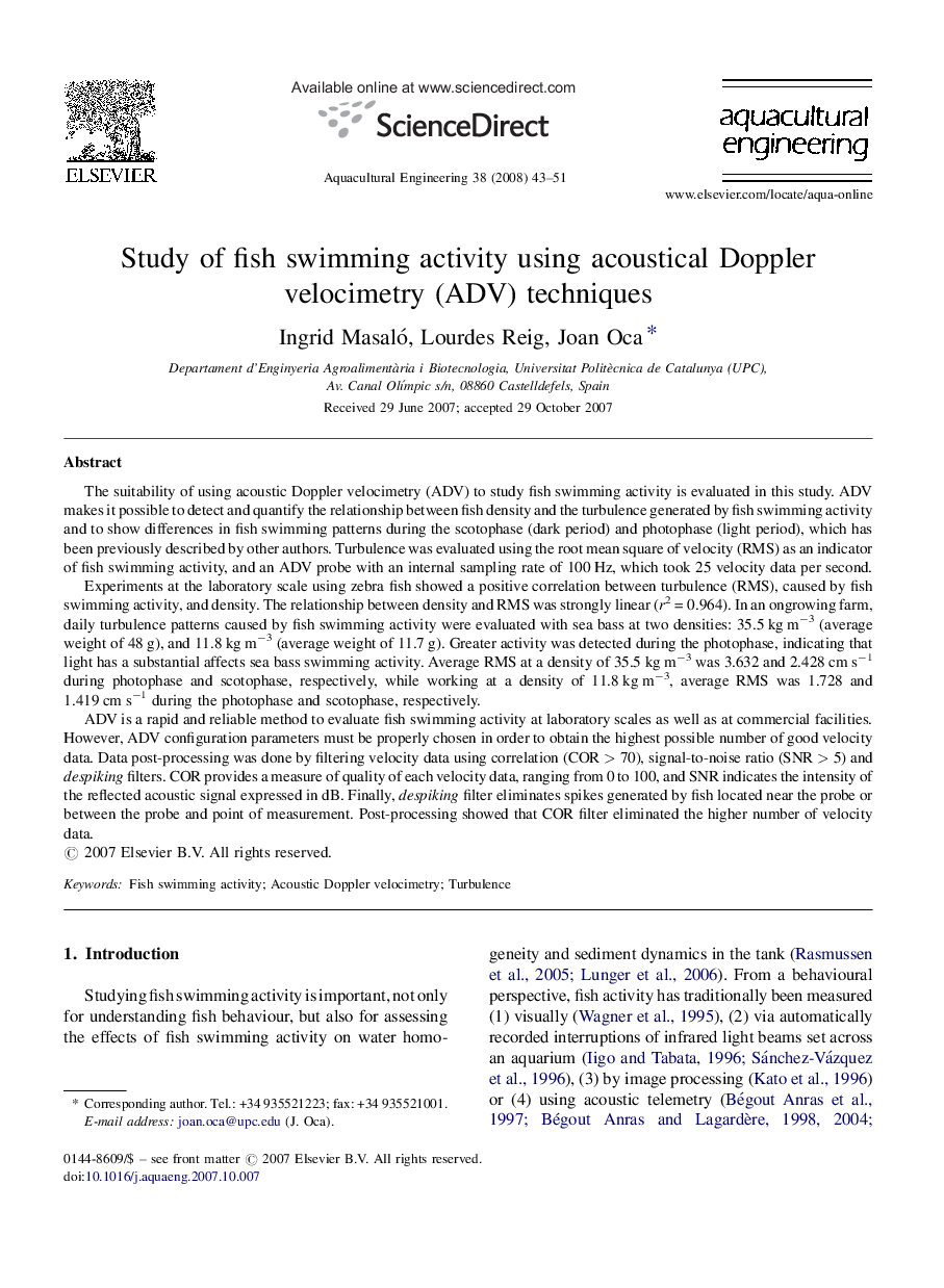 Study of fish swimming activity using acoustical Doppler velocimetry (ADV) techniques