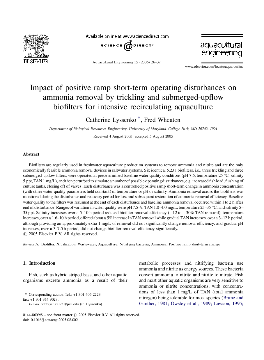 Impact of positive ramp short-term operating disturbances on ammonia removal by trickling and submerged-upflow biofilters for intensive recirculating aquaculture