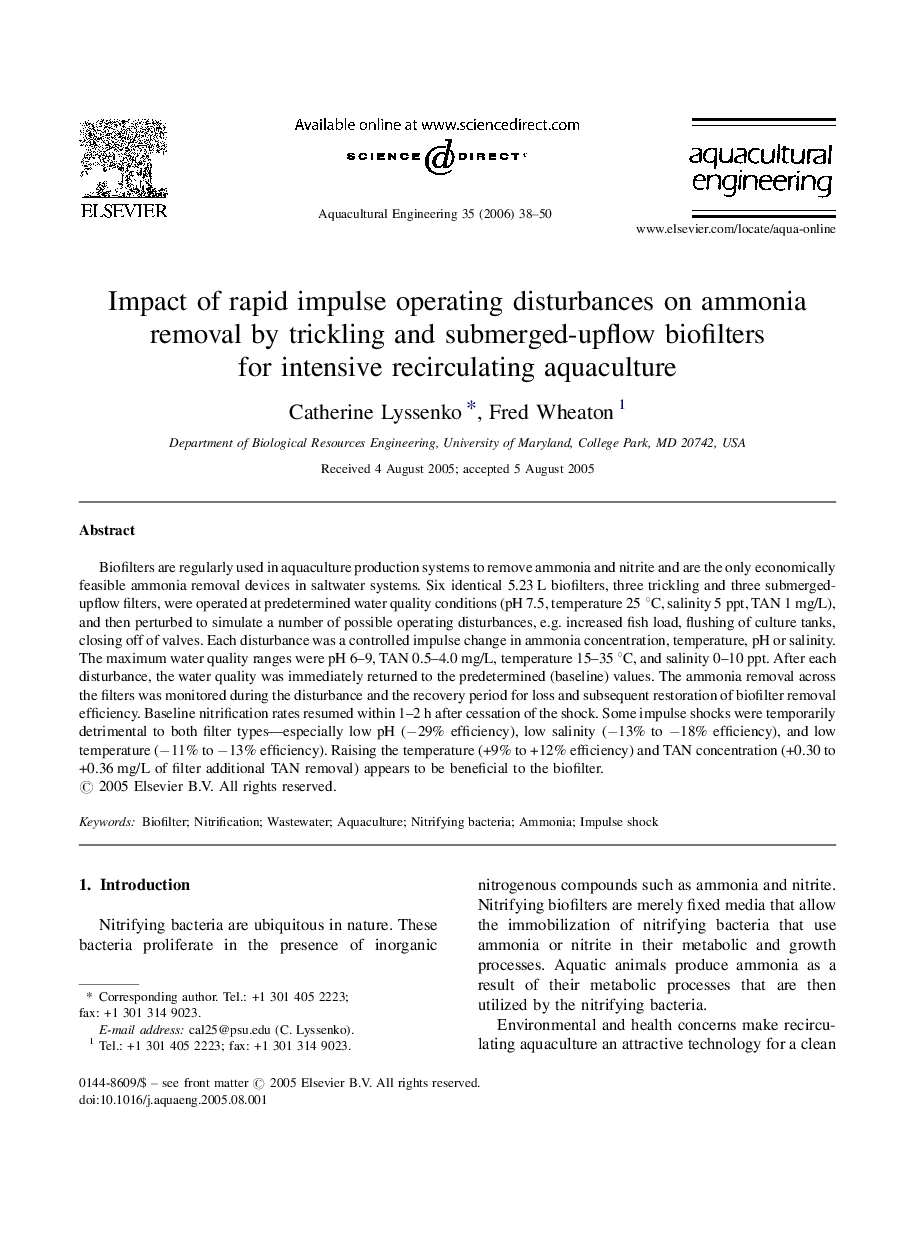 Impact of rapid impulse operating disturbances on ammonia removal by trickling and submerged-upflow biofilters for intensive recirculating aquaculture