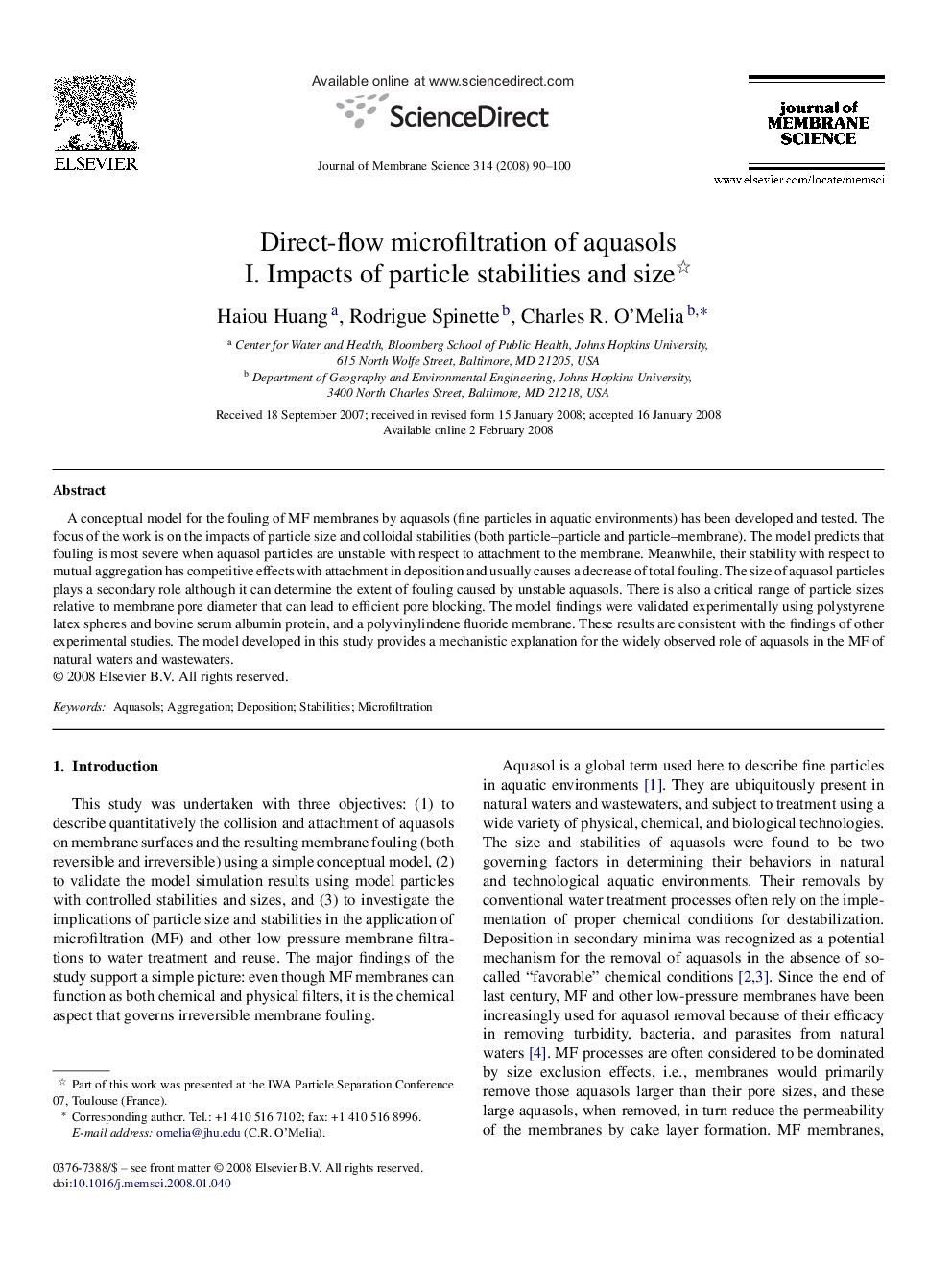 Direct-flow microfiltration of aquasols : I. Impacts of particle stabilities and size