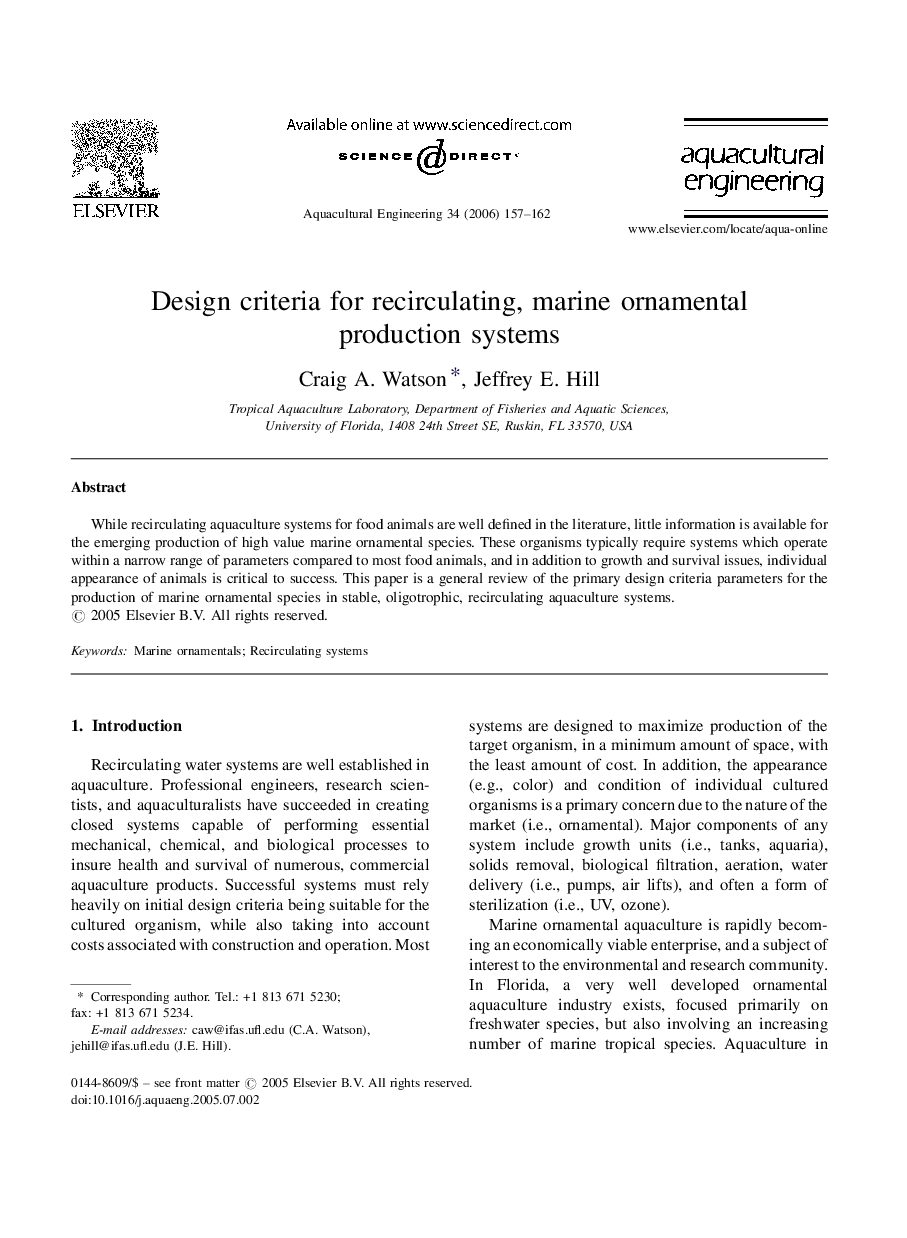 Design criteria for recirculating, marine ornamental production systems