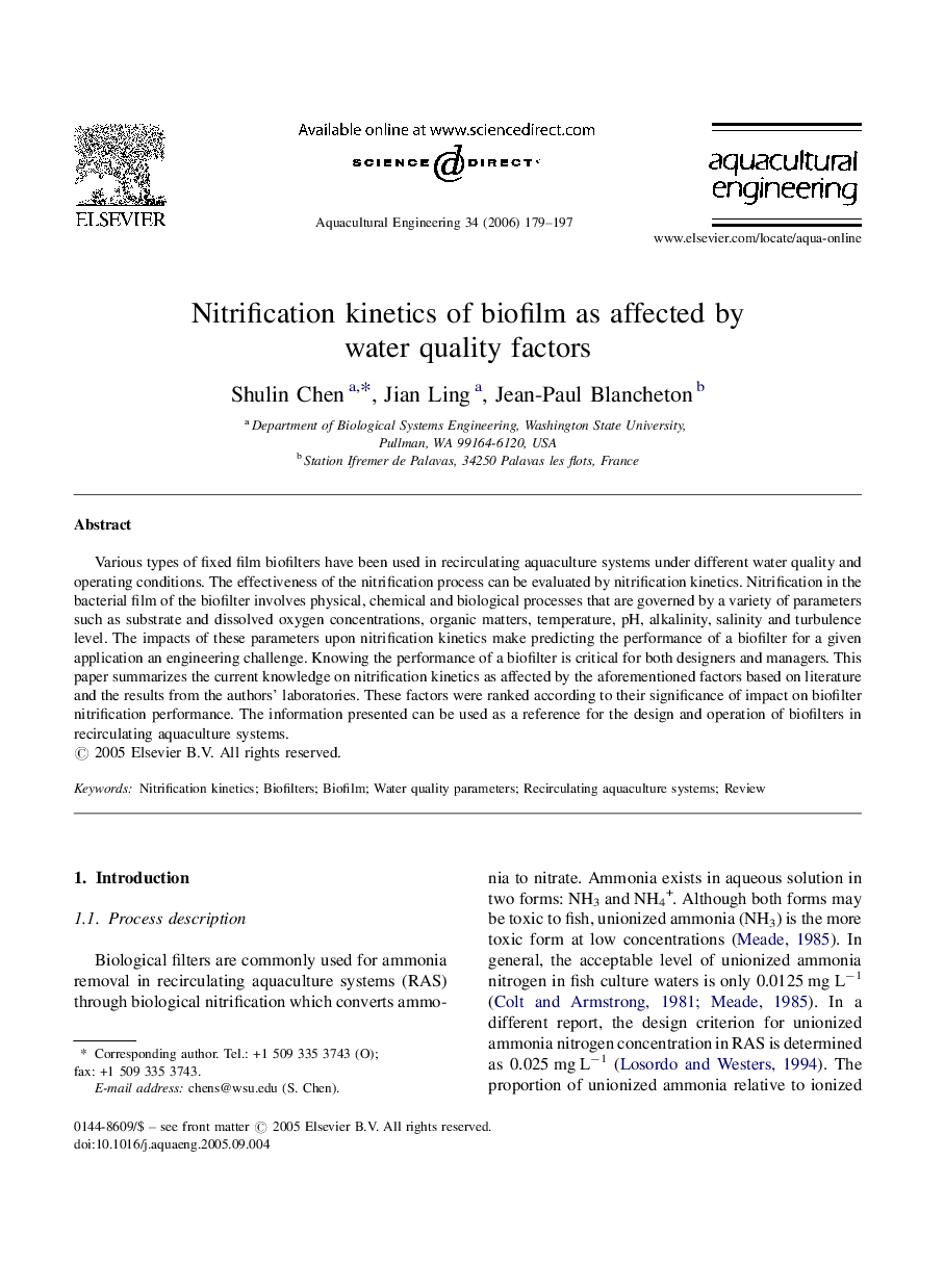 Nitrification kinetics of biofilm as affected by water quality factors