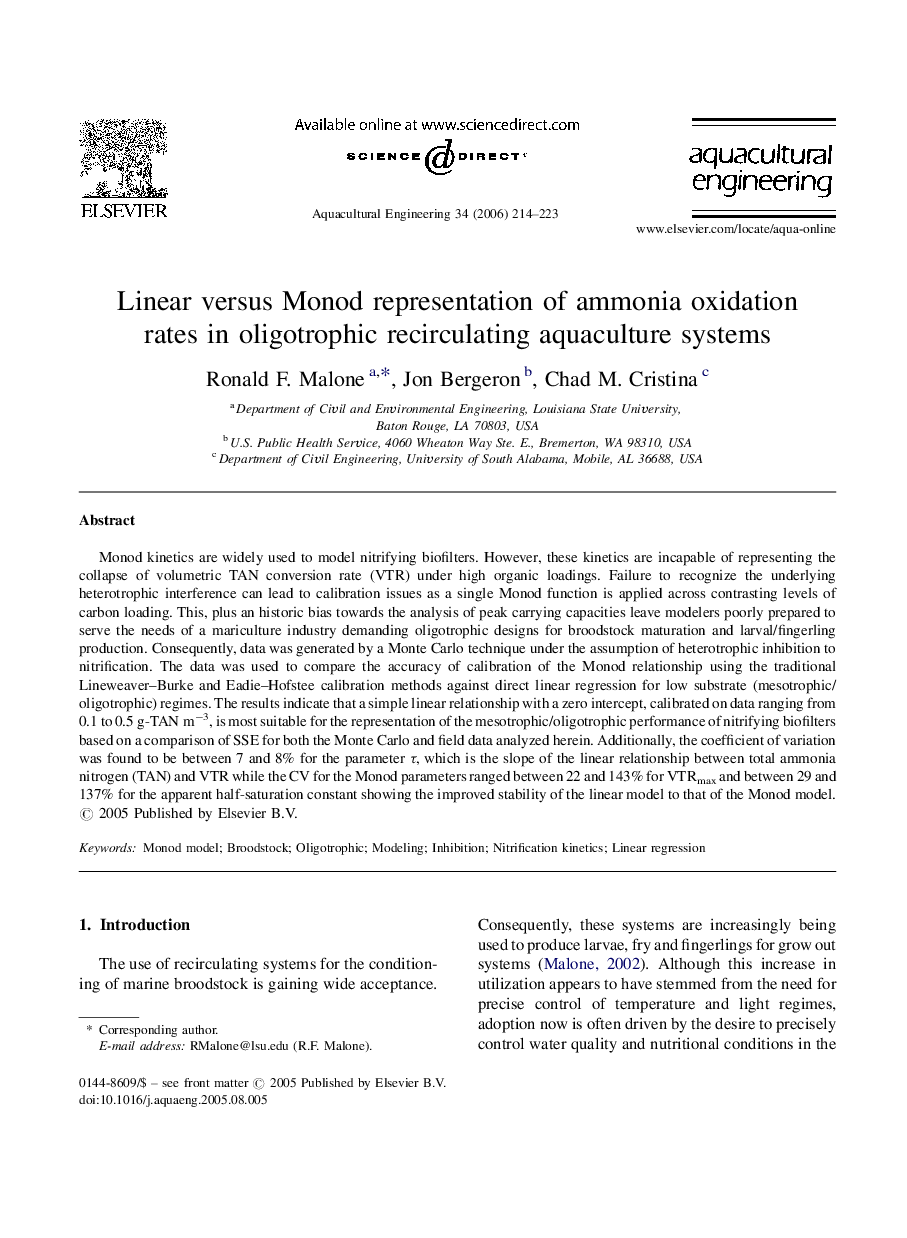 Linear versus Monod representation of ammonia oxidation rates in oligotrophic recirculating aquaculture systems