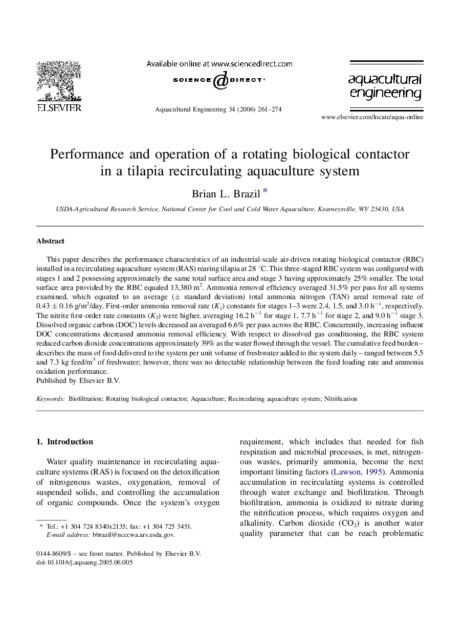 Performance and operation of a rotating biological contactor in a tilapia recirculating aquaculture system