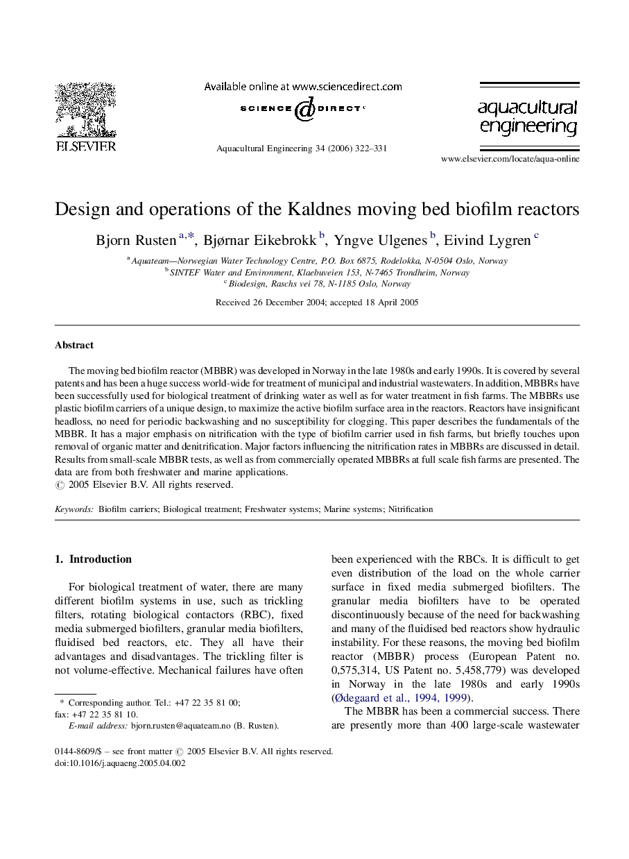 Design and operations of the Kaldnes moving bed biofilm reactors