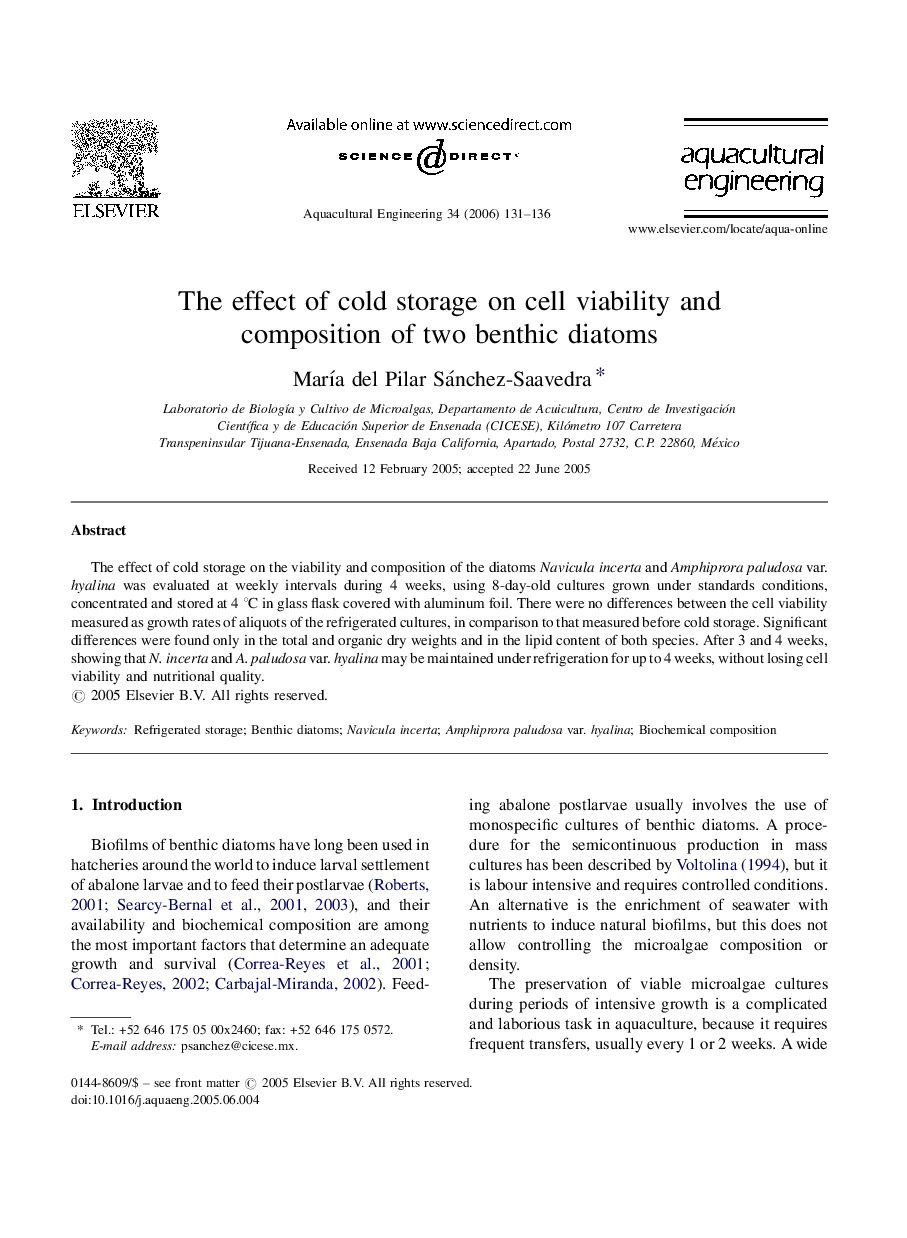 The effect of cold storage on cell viability and composition of two benthic diatoms