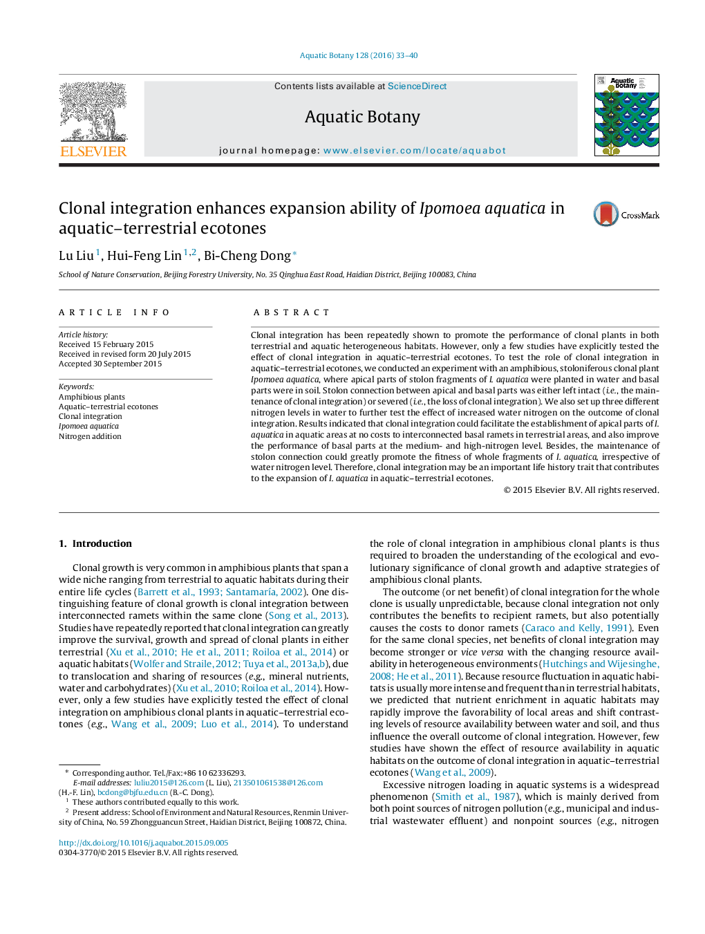 Clonal integration enhances expansion ability of Ipomoea aquatica in aquatic-terrestrial ecotones