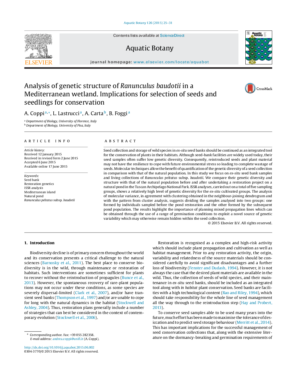 Analysis of genetic structure of Ranunculus baudotii in a Mediterranean wetland. Implications for selection of seeds and seedlings for conservation