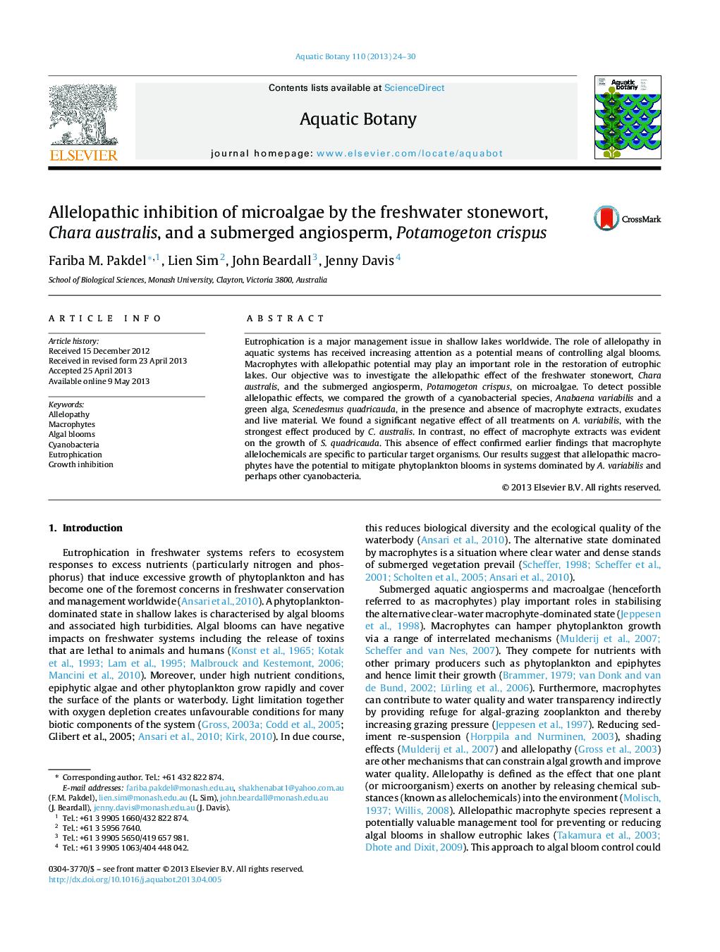 Allelopathic inhibition of microalgae by the freshwater stonewort, Chara australis, and a submerged angiosperm, Potamogeton crispus