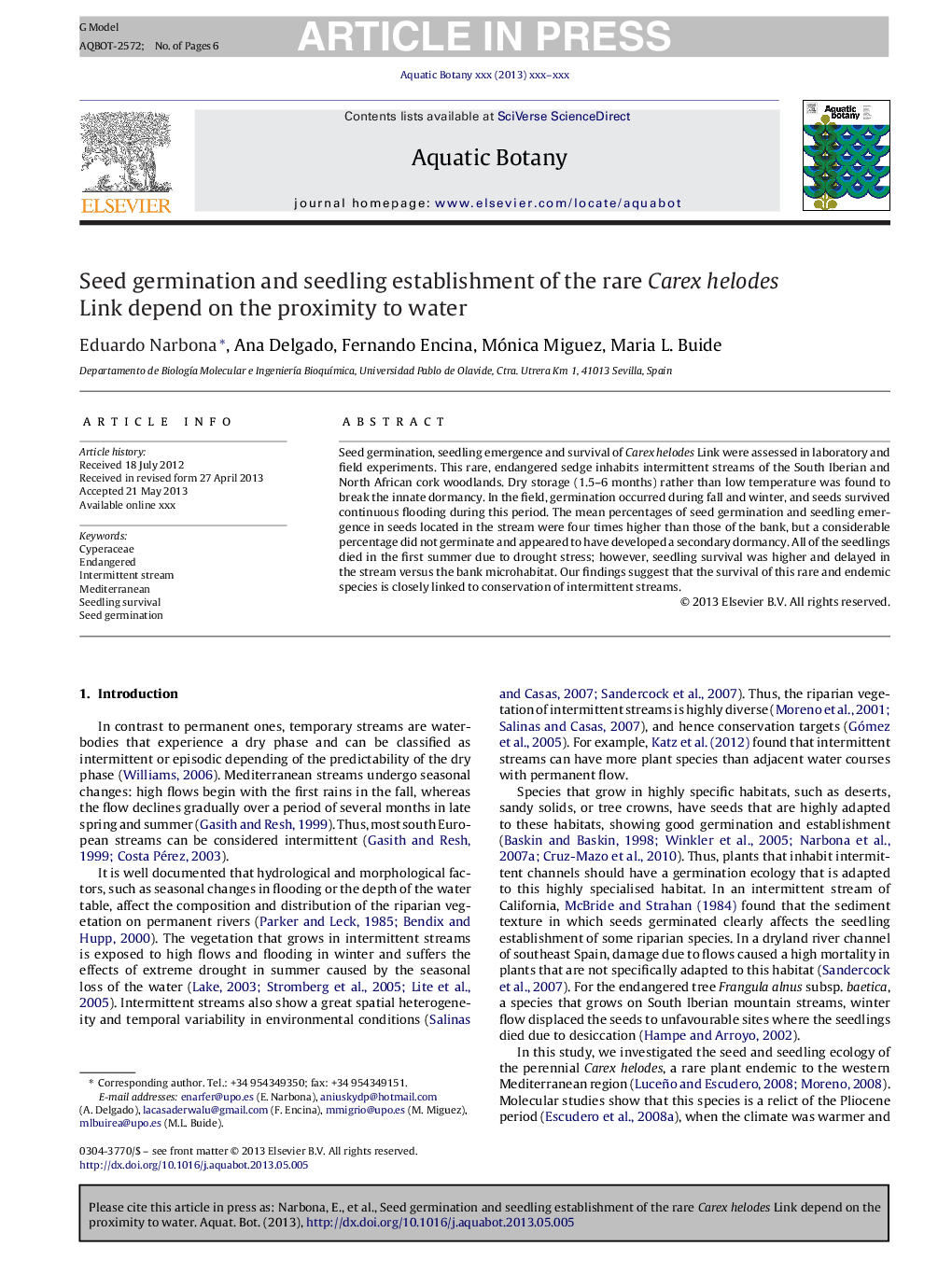 Seed germination and seedling establishment of the rare Carex helodes Link depend on the proximity to water