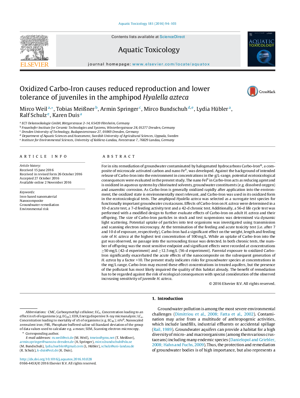 Oxidized Carbo-Iron causes reduced reproduction and lower tolerance of juveniles in the amphipod Hyalella azteca