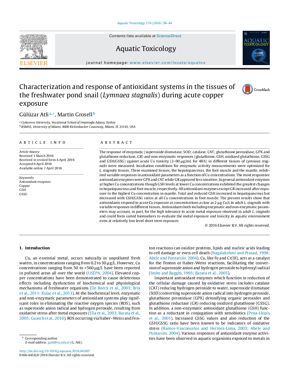 Characterization and response of antioxidant systems in the tissues of the freshwater pond snail (Lymnaea stagnalis) during acute copper exposure