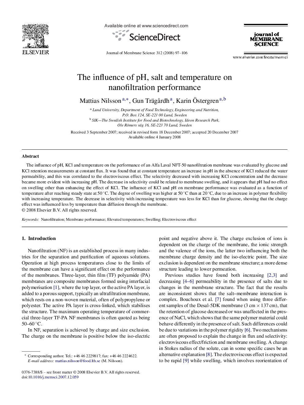 The influence of pH, salt and temperature on nanofiltration performance