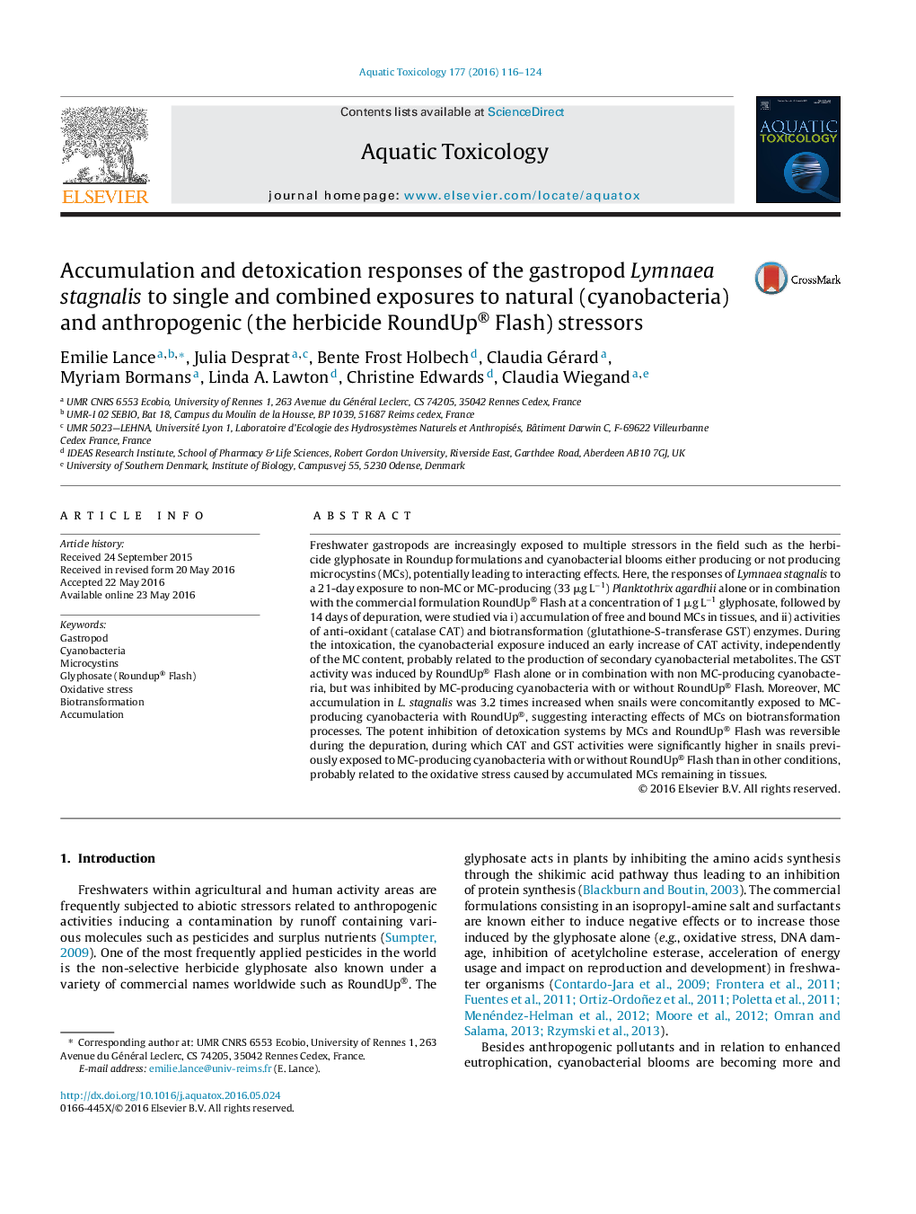 Accumulation and detoxication responses of the gastropod Lymnaea stagnalis to single and combined exposures to natural (cyanobacteria) and anthropogenic (the herbicide RoundUp® Flash) stressors