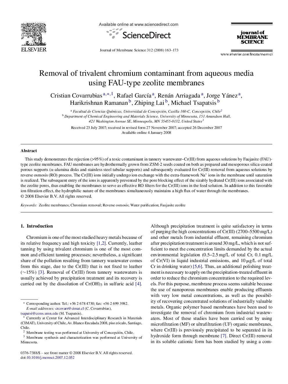 Removal of trivalent chromium contaminant from aqueous media using FAU-type zeolite membranes