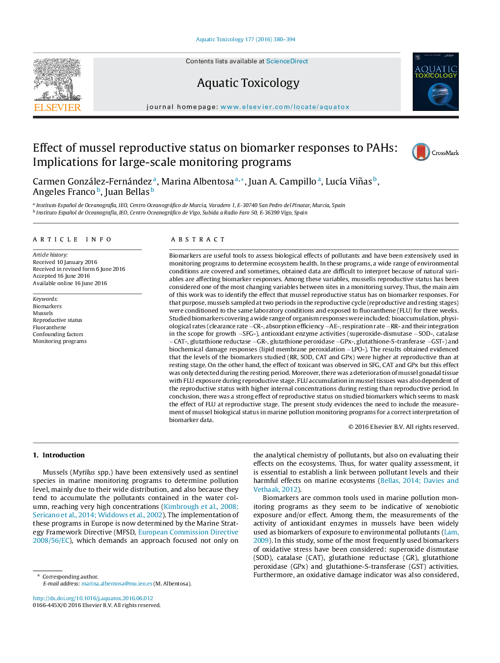 Effect of mussel reproductive status on biomarker responses to PAHs: Implications for large-scale monitoring programs