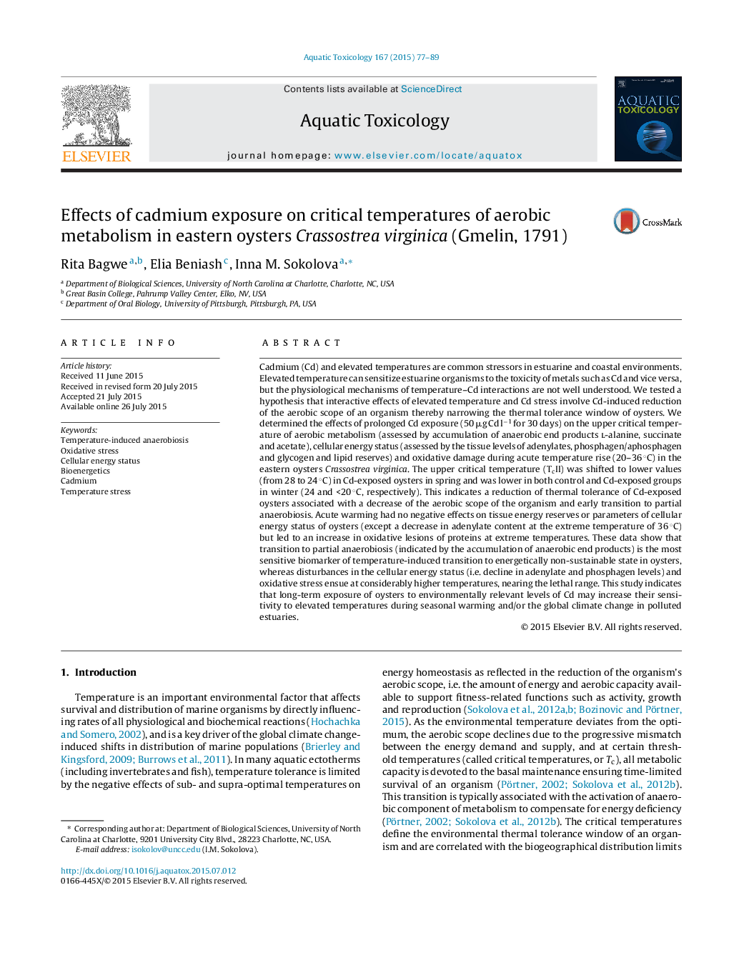 Effects of cadmium exposure on critical temperatures of aerobic metabolism in eastern oysters Crassostrea virginica (Gmelin, 1791)