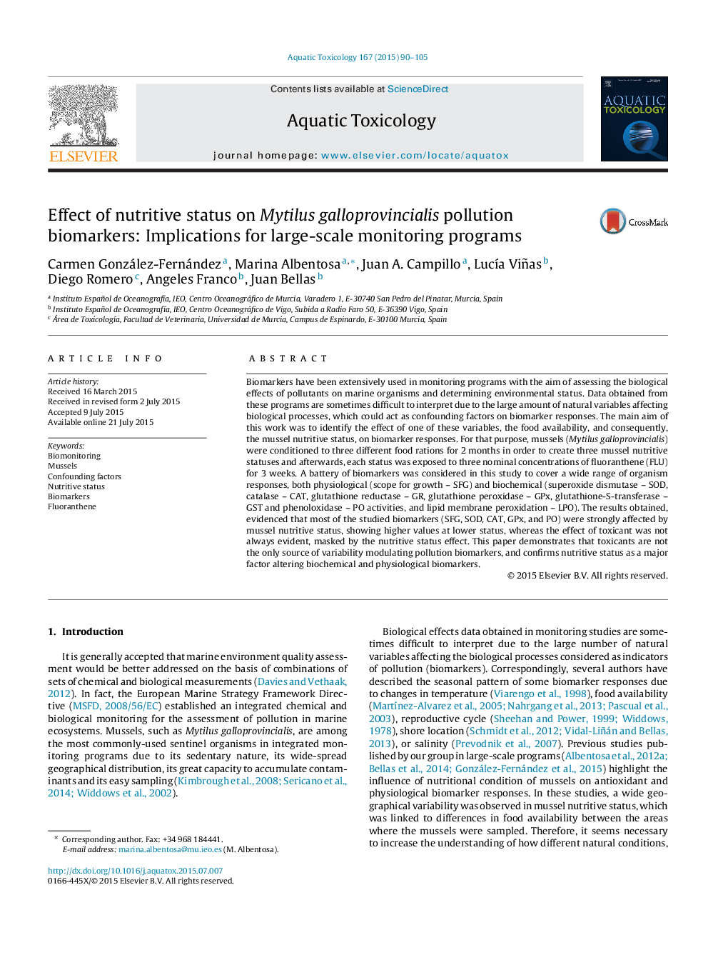 Effect of nutritive status on Mytilus galloprovincialis pollution biomarkers: Implications for large-scale monitoring programs