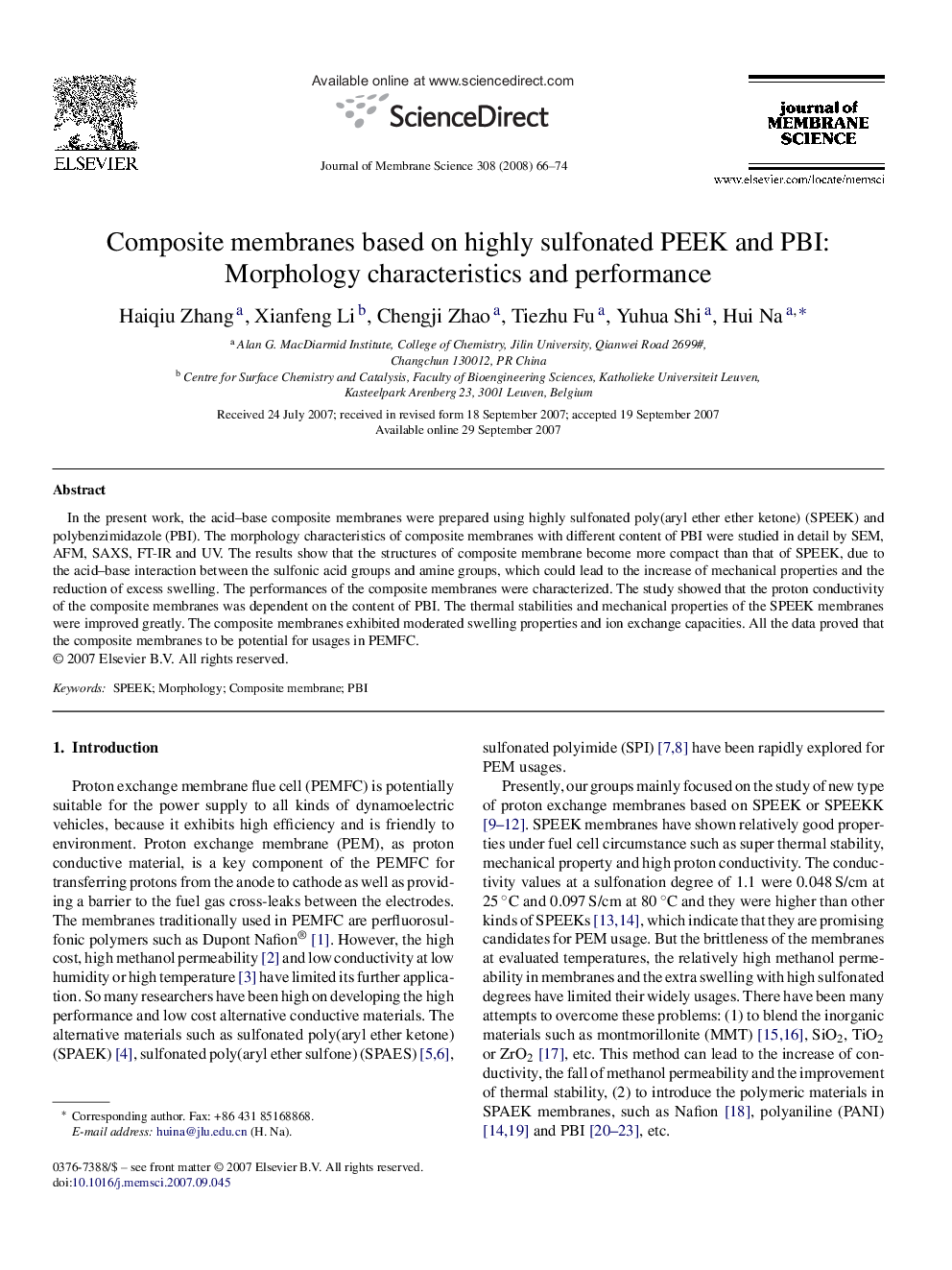 Composite membranes based on highly sulfonated PEEK and PBI: Morphology characteristics and performance