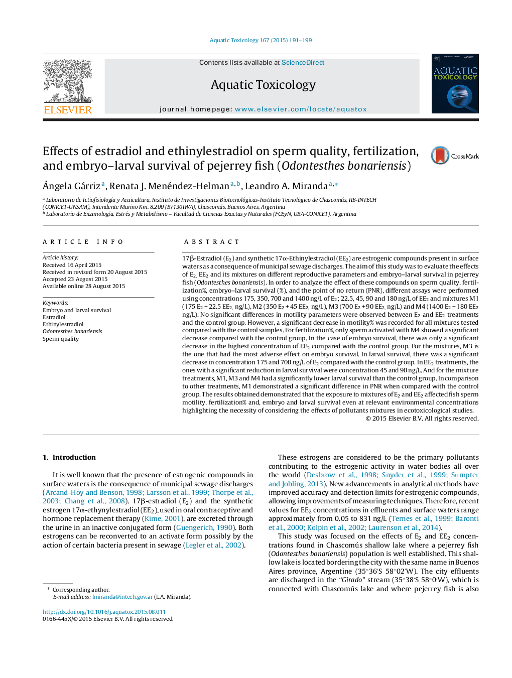 Effects of estradiol and ethinylestradiol on sperm quality, fertilization, and embryo-larval survival of pejerrey fish (Odontesthes bonariensis)