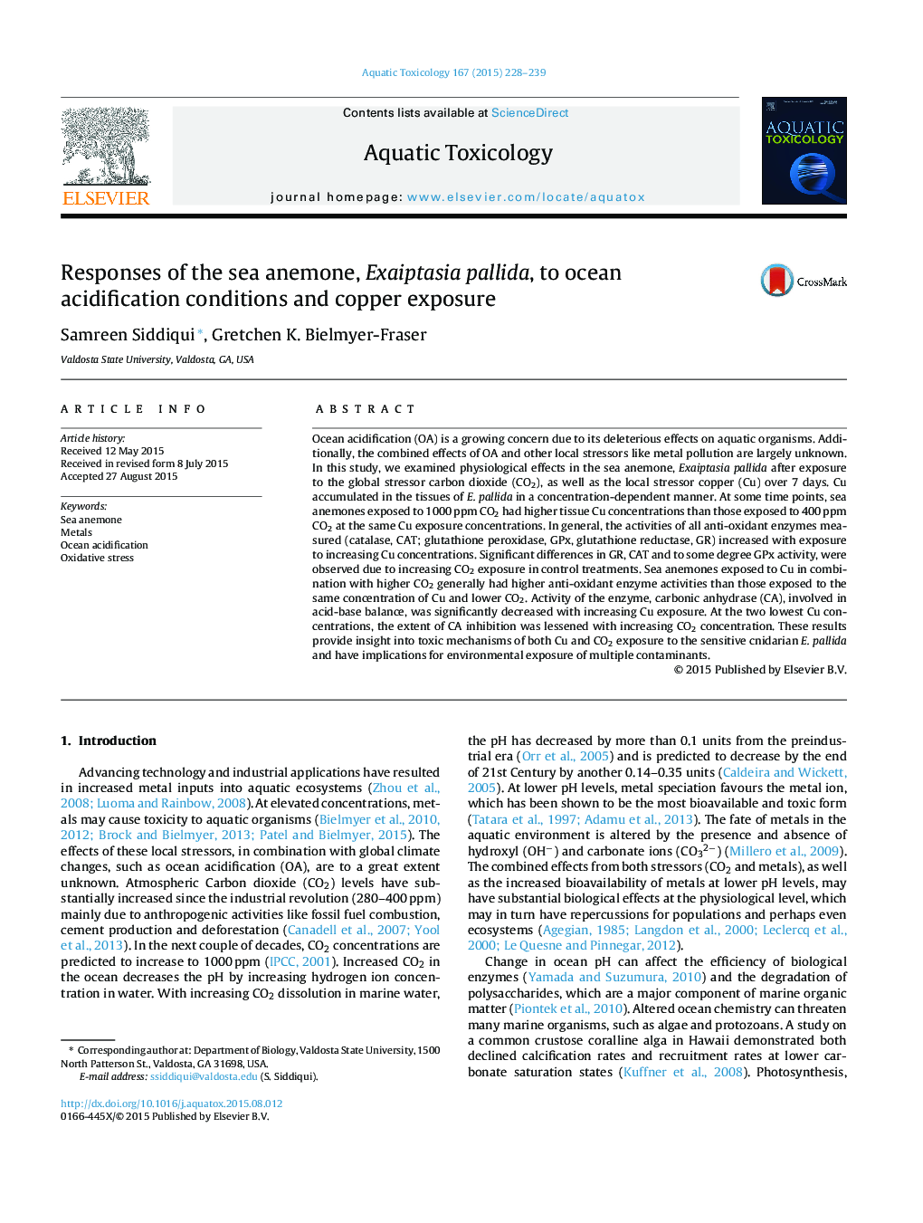 Responses of the sea anemone, Exaiptasia pallida, to ocean acidification conditions and copper exposure