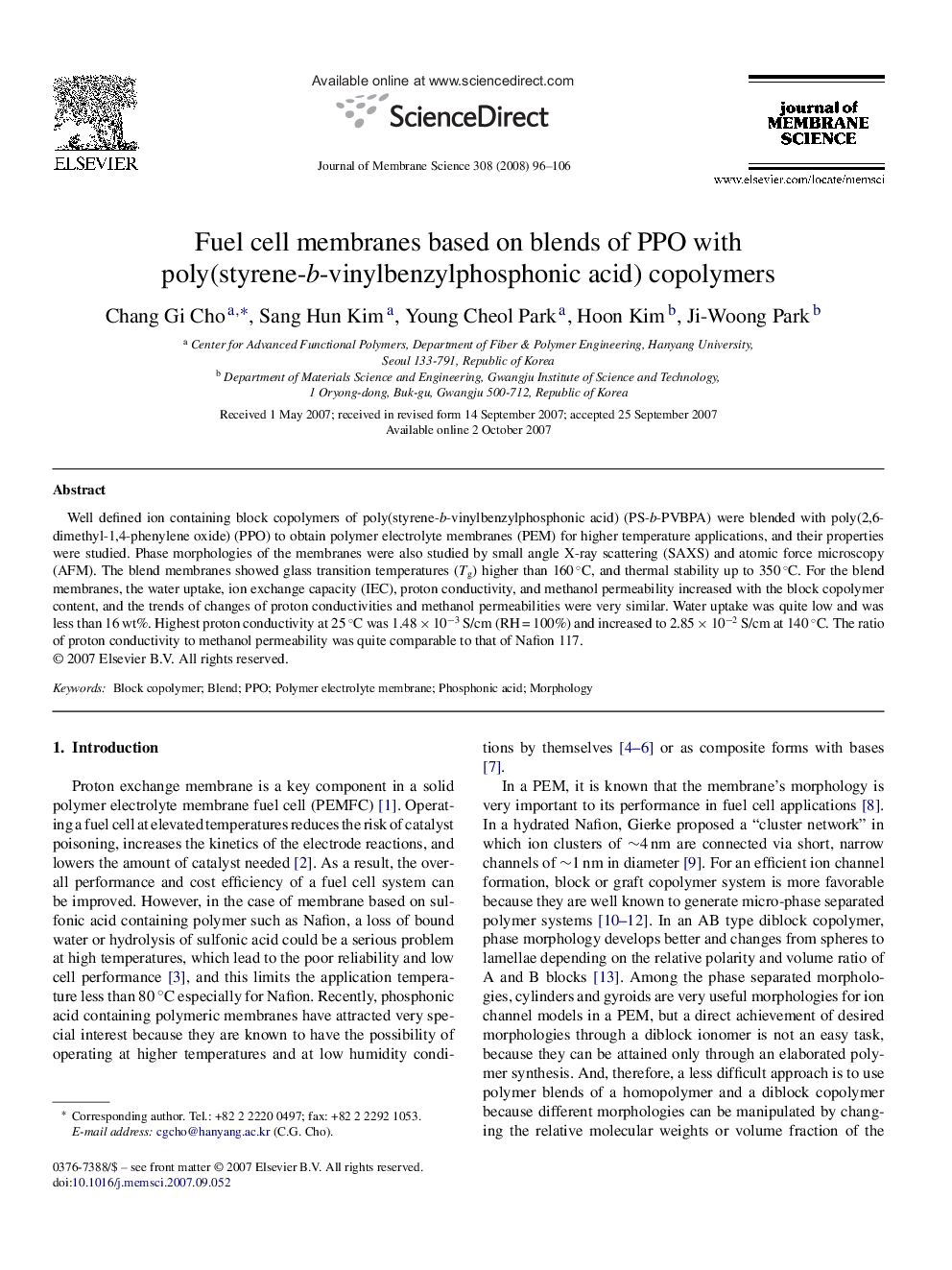 Fuel cell membranes based on blends of PPO with poly(styrene-b-vinylbenzylphosphonic acid) copolymers