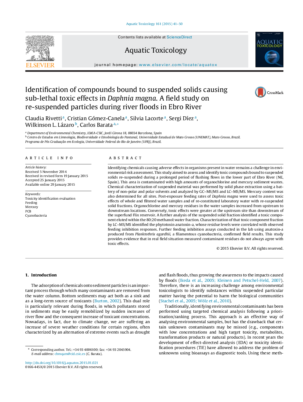 Identification of compounds bound to suspended solids causing sub-lethal toxic effects in Daphnia magna. A field study on re-suspended particles during river floods in Ebro River