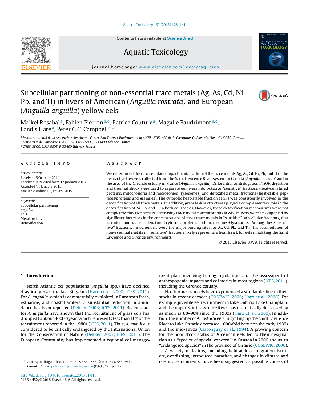 Subcellular partitioning of non-essential trace metals (Ag, As, Cd, Ni, Pb, and Tl) in livers of American (Anguilla rostrata) and European (Anguilla anguilla) yellow eels