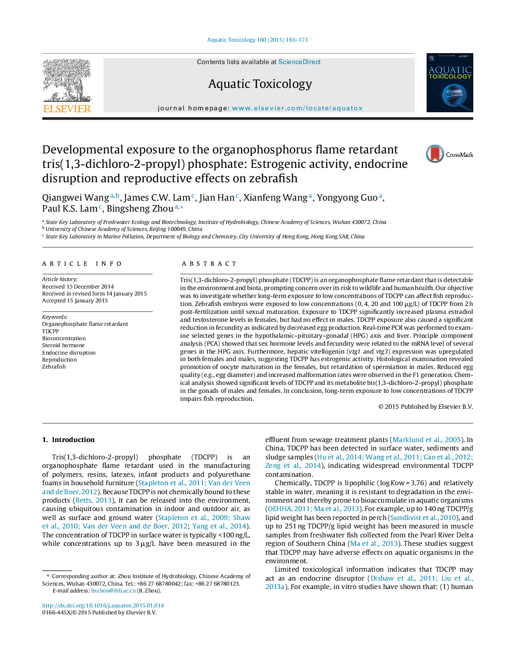 Developmental exposure to the organophosphorus flame retardant tris(1,3-dichloro-2-propyl) phosphate: Estrogenic activity, endocrine disruption and reproductive effects on zebrafish