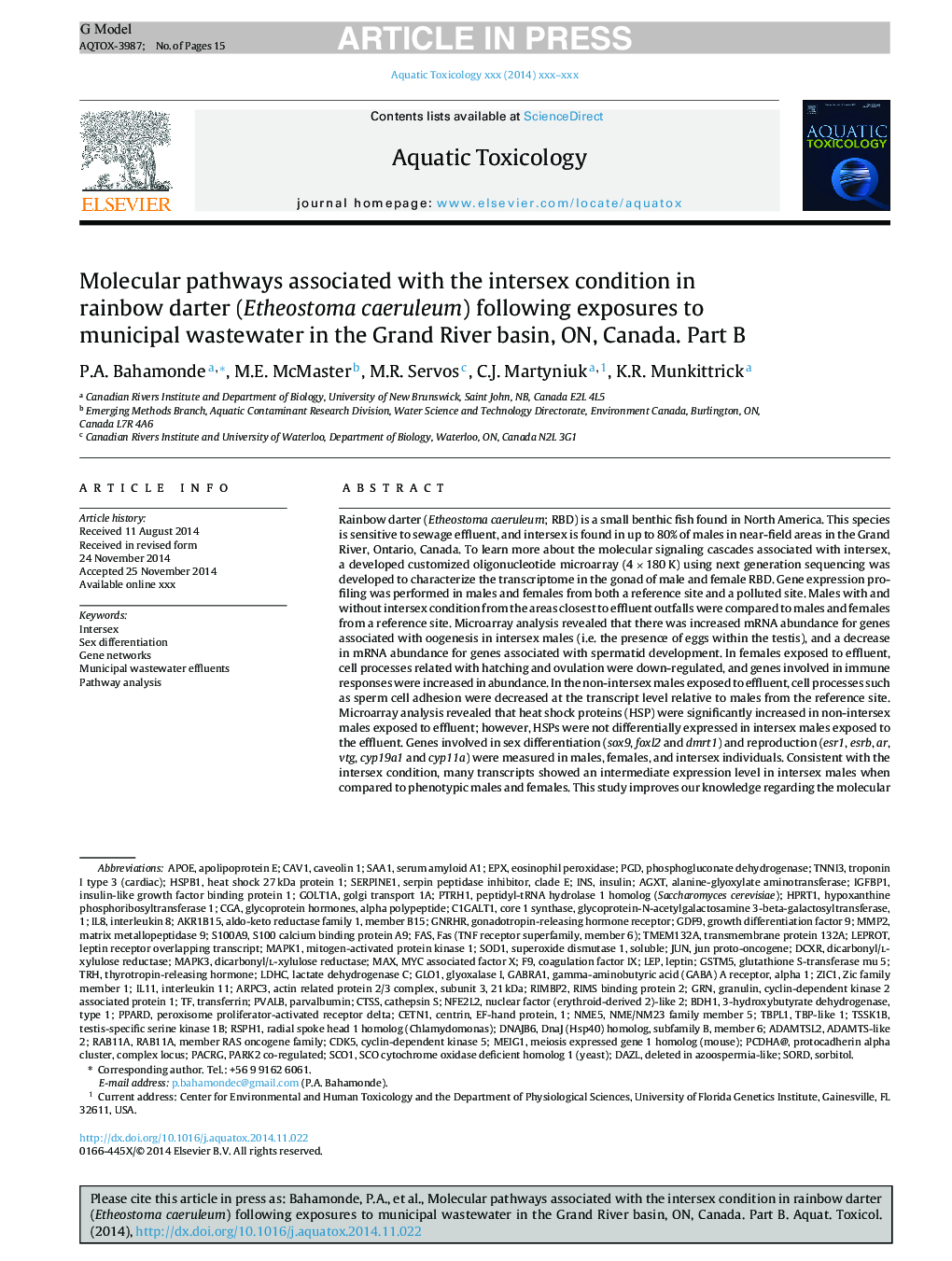 Molecular pathways associated with the intersex condition in rainbow darter (Etheostoma caeruleum) following exposures to municipal wastewater in the Grand River basin, ON, Canada. Part B