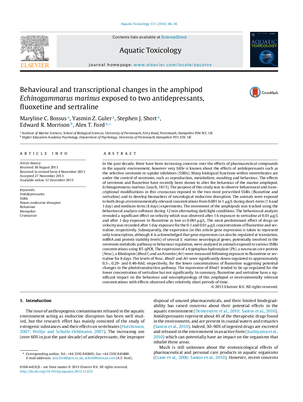 Behavioural and transcriptional changes in the amphipod Echinogammarus marinus exposed to two antidepressants, fluoxetine and sertraline