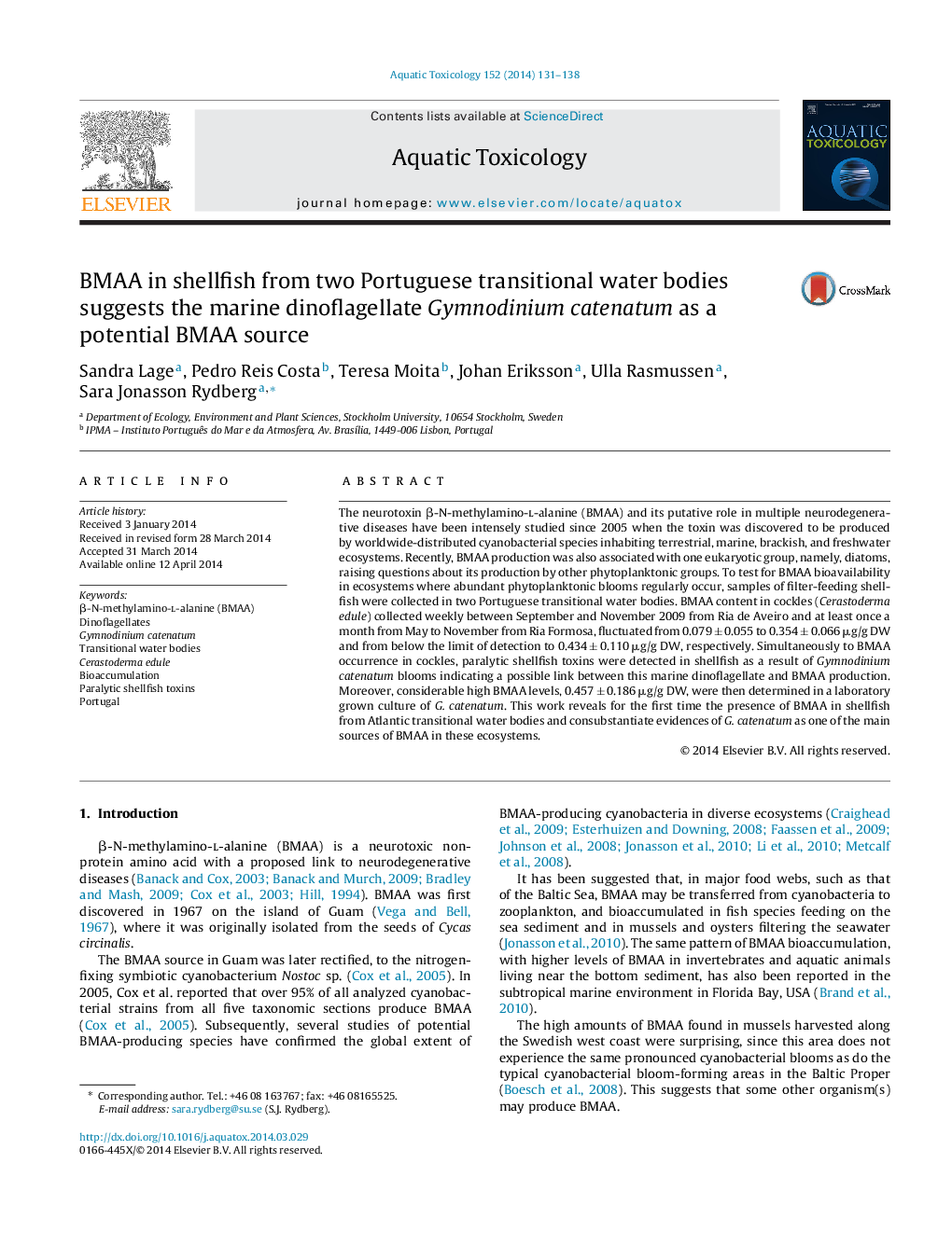 BMAA in shellfish from two Portuguese transitional water bodies suggests the marine dinoflagellate Gymnodinium catenatum as a potential BMAA source