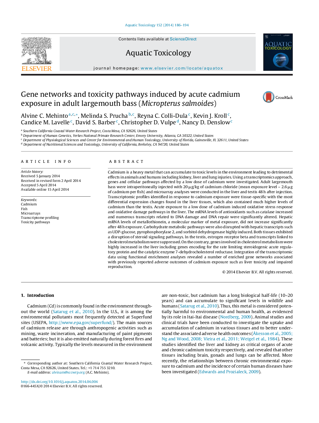 Gene networks and toxicity pathways induced by acute cadmium exposure in adult largemouth bass (Micropterus salmoides)