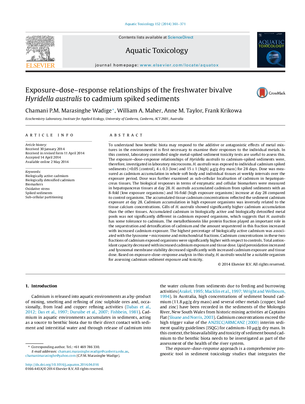 Exposure-dose-response relationships of the freshwater bivalve Hyridella australis to cadmium spiked sediments