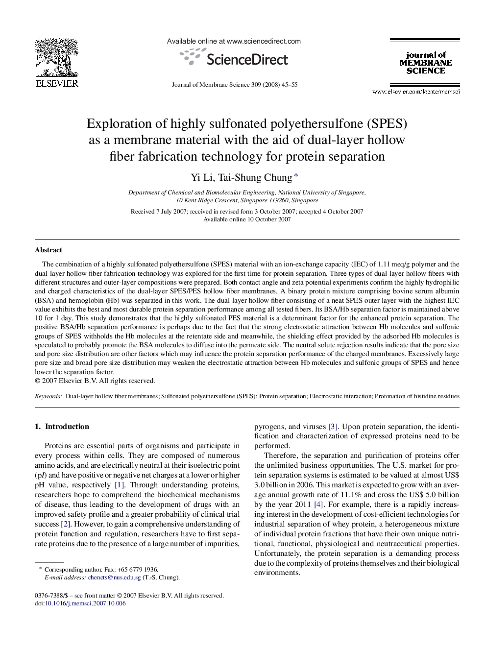 Exploration of highly sulfonated polyethersulfone (SPES) as a membrane material with the aid of dual-layer hollow fiber fabrication technology for protein separation