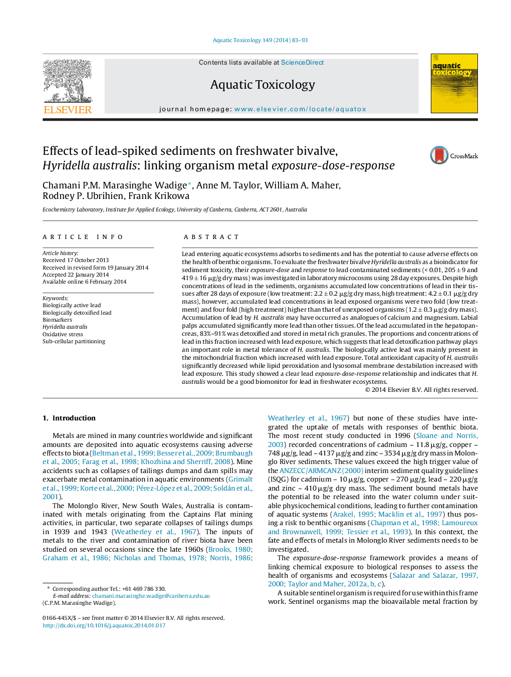 Effects of lead-spiked sediments on freshwater bivalve, Hyridella australis: linking organism metal exposure-dose-response