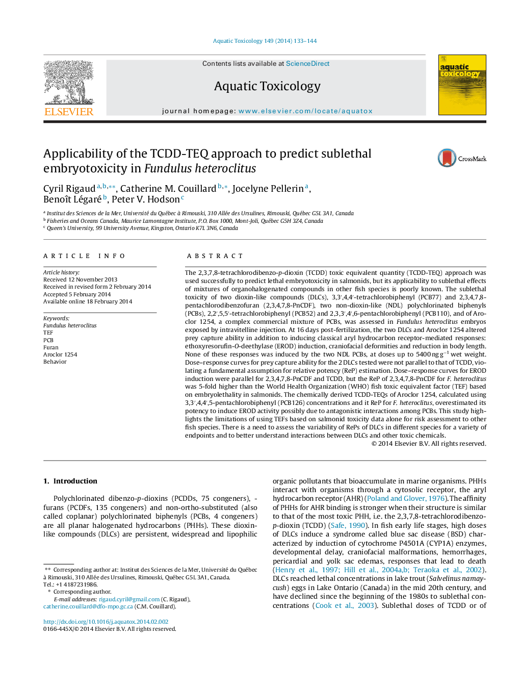 Applicability of the TCDD-TEQ approach to predict sublethal embryotoxicity in Fundulus heteroclitus