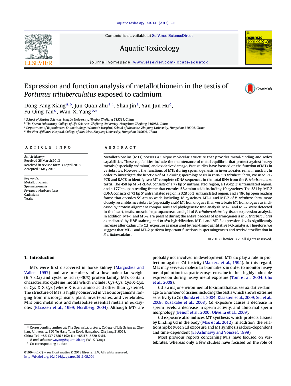 Expression and function analysis of metallothionein in the testis of Portunus trituberculatus exposed to cadmium