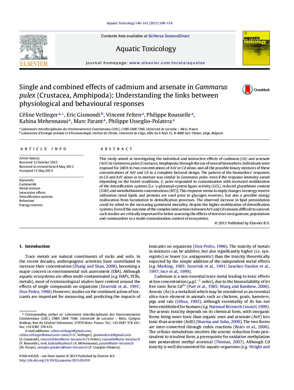 Single and combined effects of cadmium and arsenate in Gammarus pulex (Crustacea, Amphipoda): Understanding the links between physiological and behavioural responses